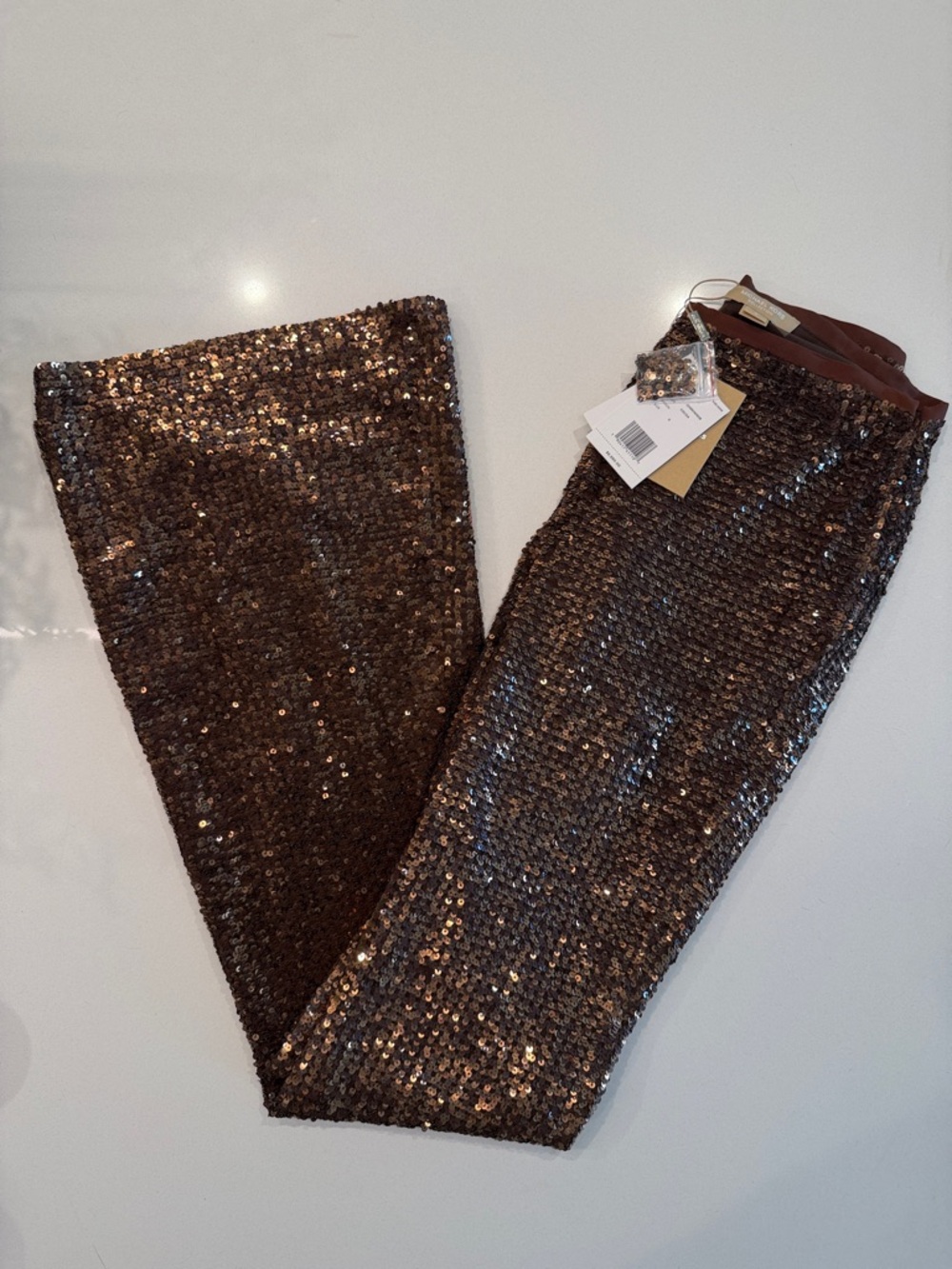 Michael Kors Collection NWT Sequin Flare Pant Cocoa Brown Trouser Size 0